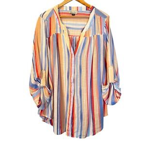 Meera Lane Colorful Lightweight Striped Button Down Blouse 2X Coastal‎ Breezy